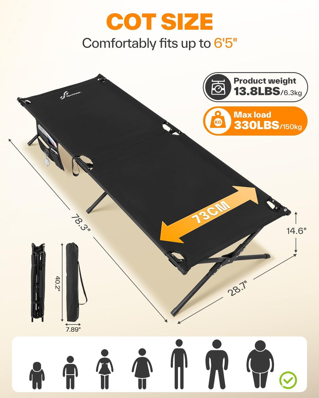 Sportneer Camping Cot: 78.3"x28.7"x14.6" Comfort Cot Bed for Camping Traveling Guest Bed, Sleeping Cots for Adults with Side Pockets & Storage Bag
