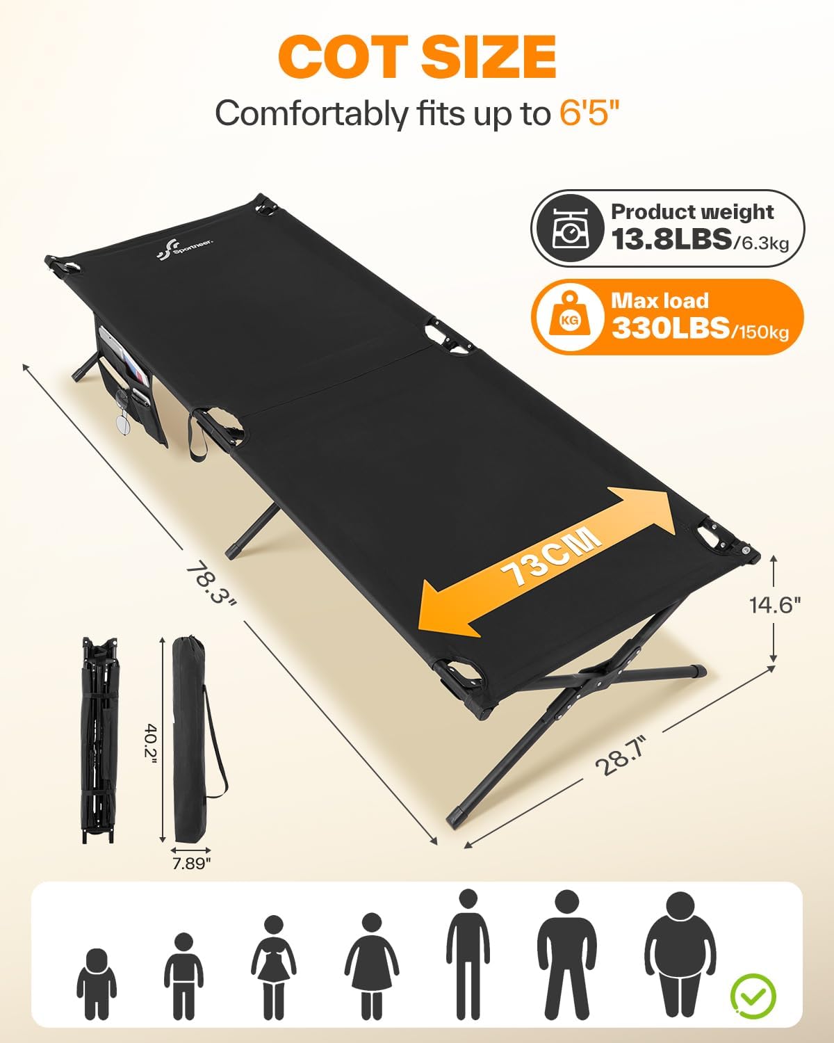 Sportneer Camping Cot: 78.3"x28.7"x14.6" Comfort Cot Bed for Camping Traveling Guest Bed, Sleeping Cots for Adults with Side Pockets & Storage Bag