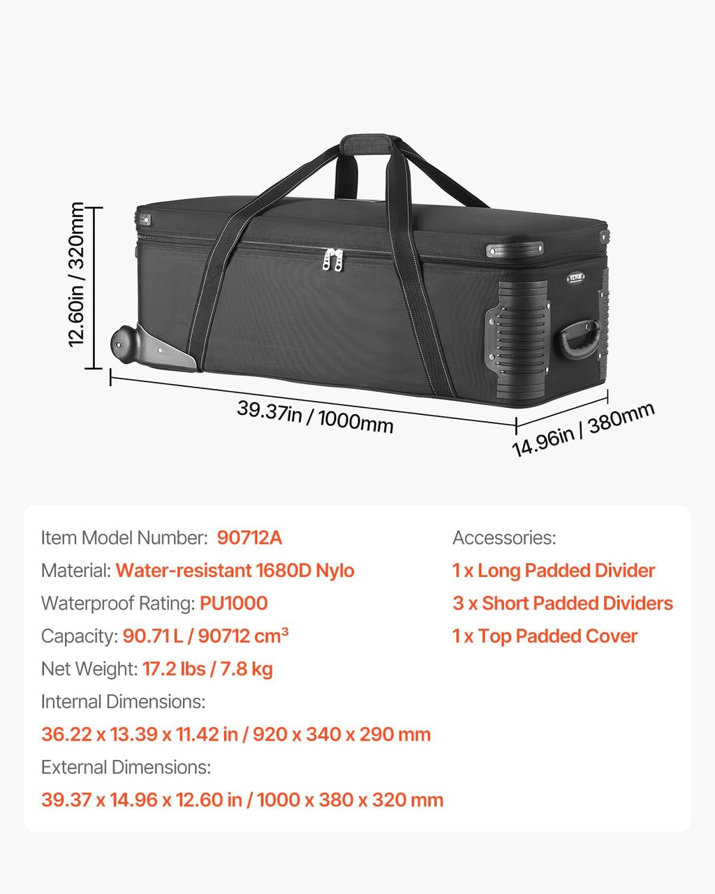 VEVOR Studio Equipment Trolley Case, 39.37 x 14.96 x 12.60 in / 100 x 38 x 32 cm, Rolling Camera Bag, Carrying Bag with Wheels Straps Padded