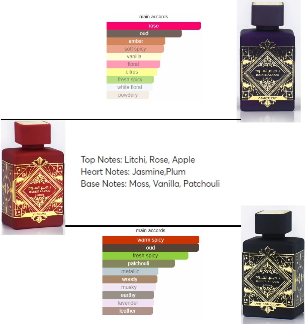 Lattafa Perfumes Bade'e Al Oud for Unisex 3 Piece Eau de Parfum Gift Set (Oud For Glory + Amethyst + Sublime) 3.4 Ounce/100 ml each