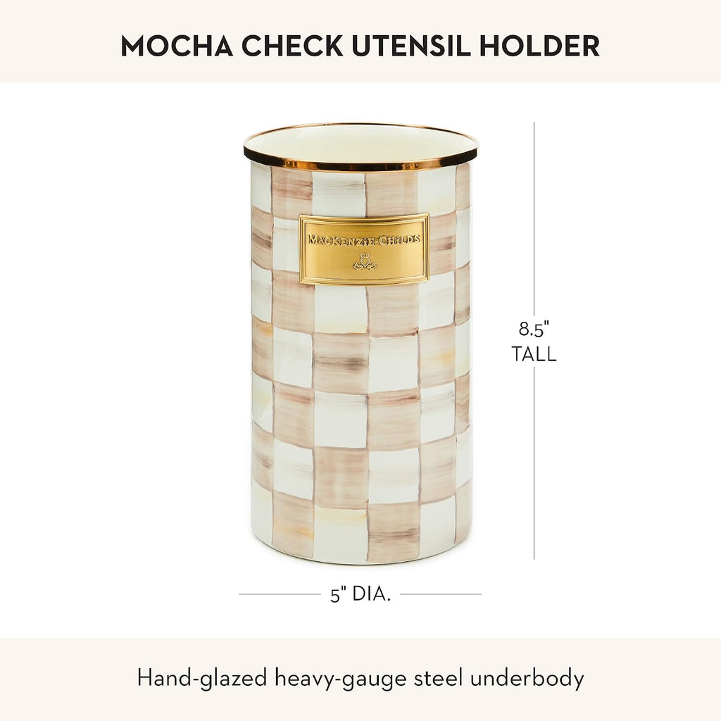 MACKENZIE-CHILDS Enamel Utensil Holder, Brown-and-White Mocha Check