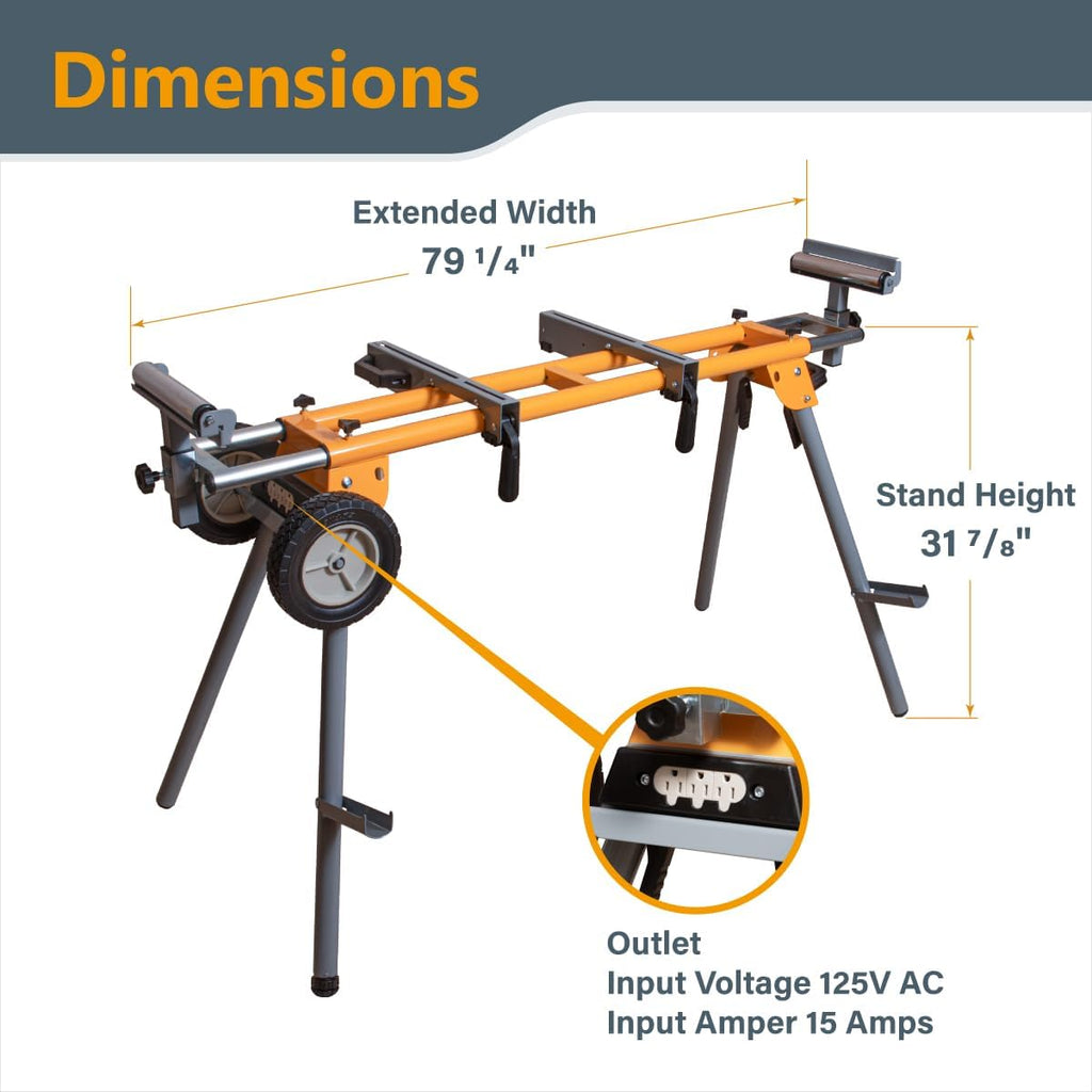 POWERTEC Portable Miter Saw Stand w/ Quick-release Mounting Brackets, 330Lbs Load Capacity, 8" Wheels and 3-Prong Tripple Outlets, Folding Design for
