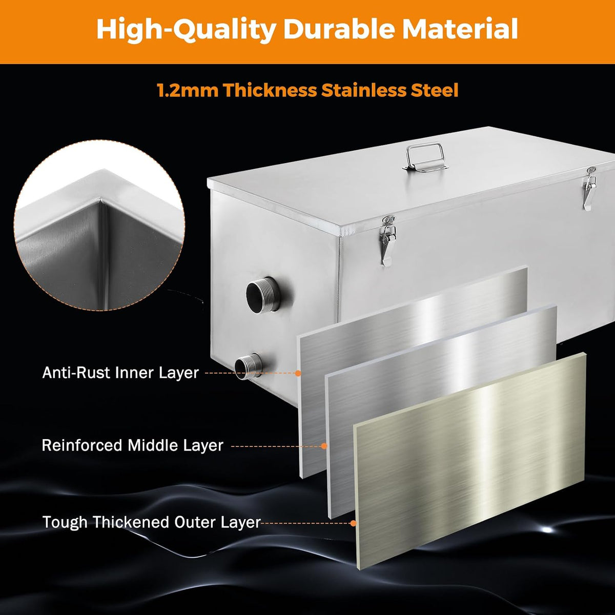 BEAMNOVA Commercial Grease Trap, 25lbs, Stainless Steel, Side Inlet