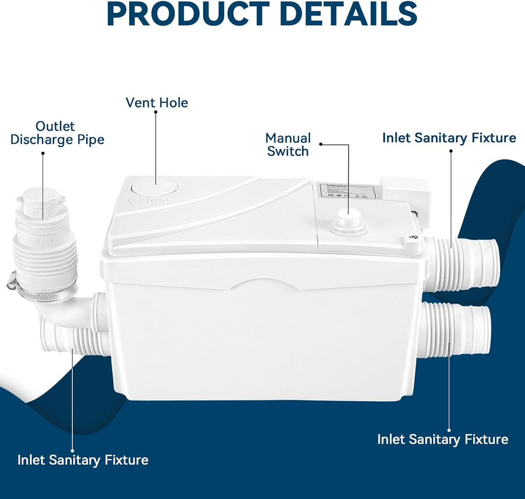 600W Utility Sink Pump with PCB Function Upgrade Structure Upflush to 25FT 1700GPH Under Sink Pump with 3 Water Inlets 1 Outlet Macerating Toilet