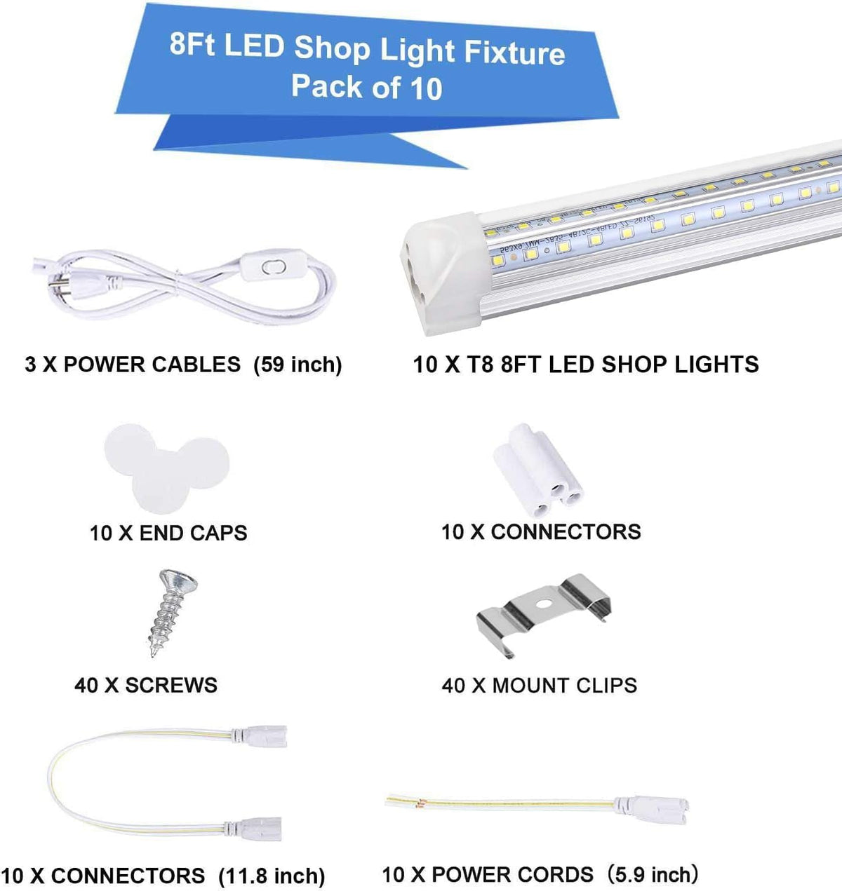 Henwsi 8FT LED Shop Light Fixture, White 10 Pack T8 Integrated Tube Lights, 72W 9500LM 6500K High Output Clear Cover, V Shape 270 Degree Lighting for