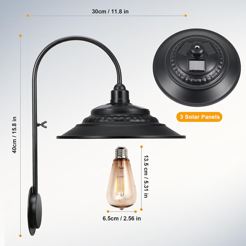 Solar Barn Lights Upgrade, 2PCS Waterproof Wall Light Fixture, Rustic Vintage Metal Gooseneck Solar Wall Mount Lights with Gold Interior, for Outdoor