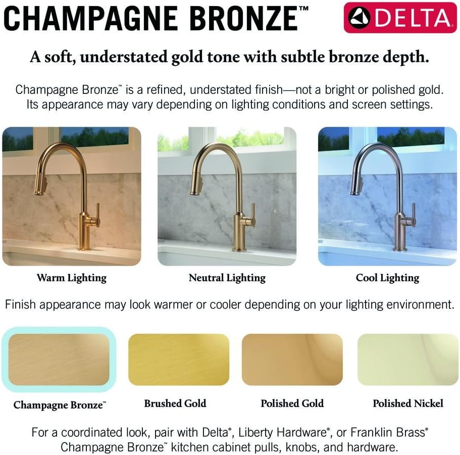Delta Finnridge Brushed Gold Kitchen Faucet with Pull Down Sprayer, High Pressure ProClean Spray Modern Single Hole Kitchen Sink Faucet, Champagne