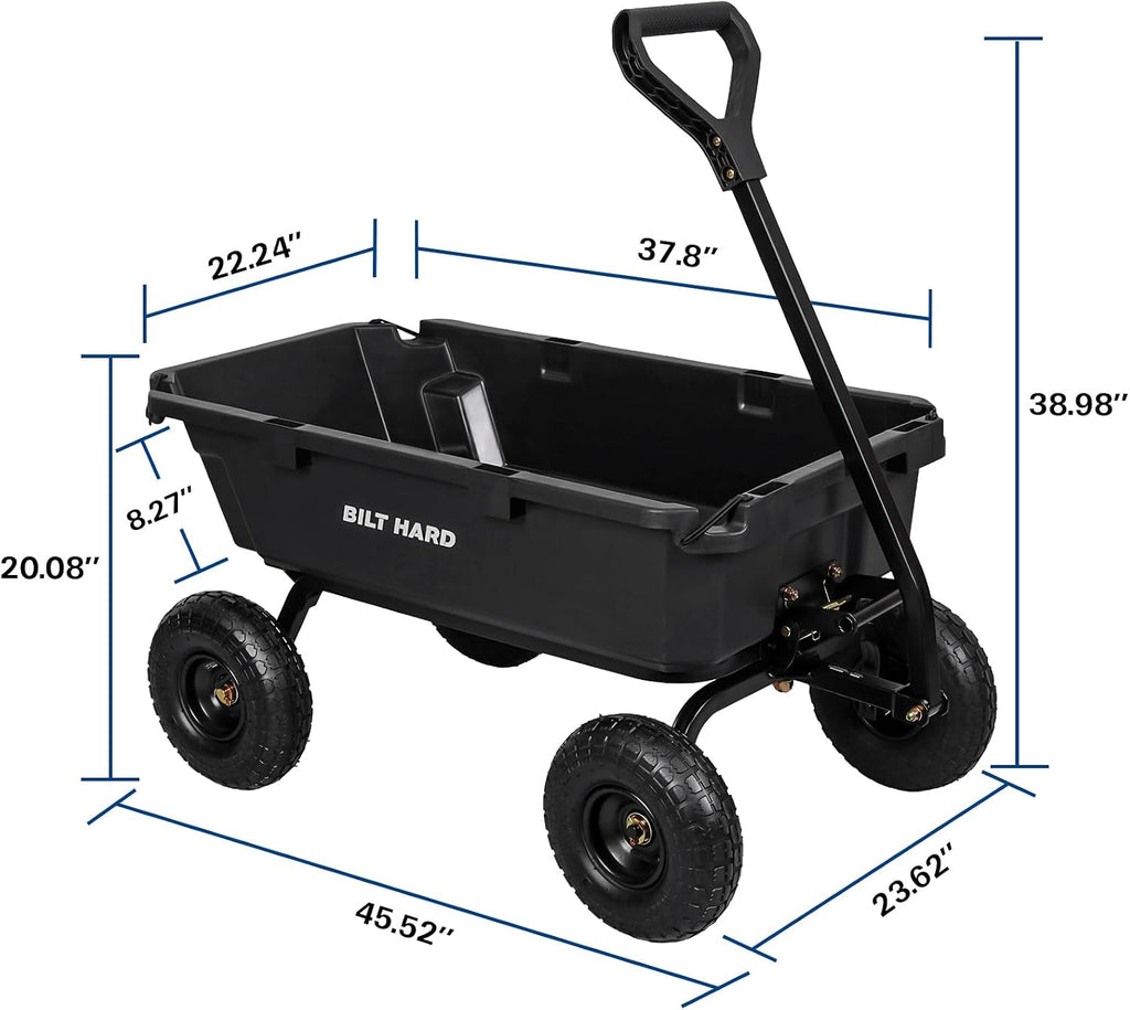 BILT HARD 900 lbs Poly Garden Dump Cart, 5 Cu.Ft Wheelbarrow Cart with 10" All Terrain Wheels & Quick-Release System, Heavy Duty Utility Wagon for