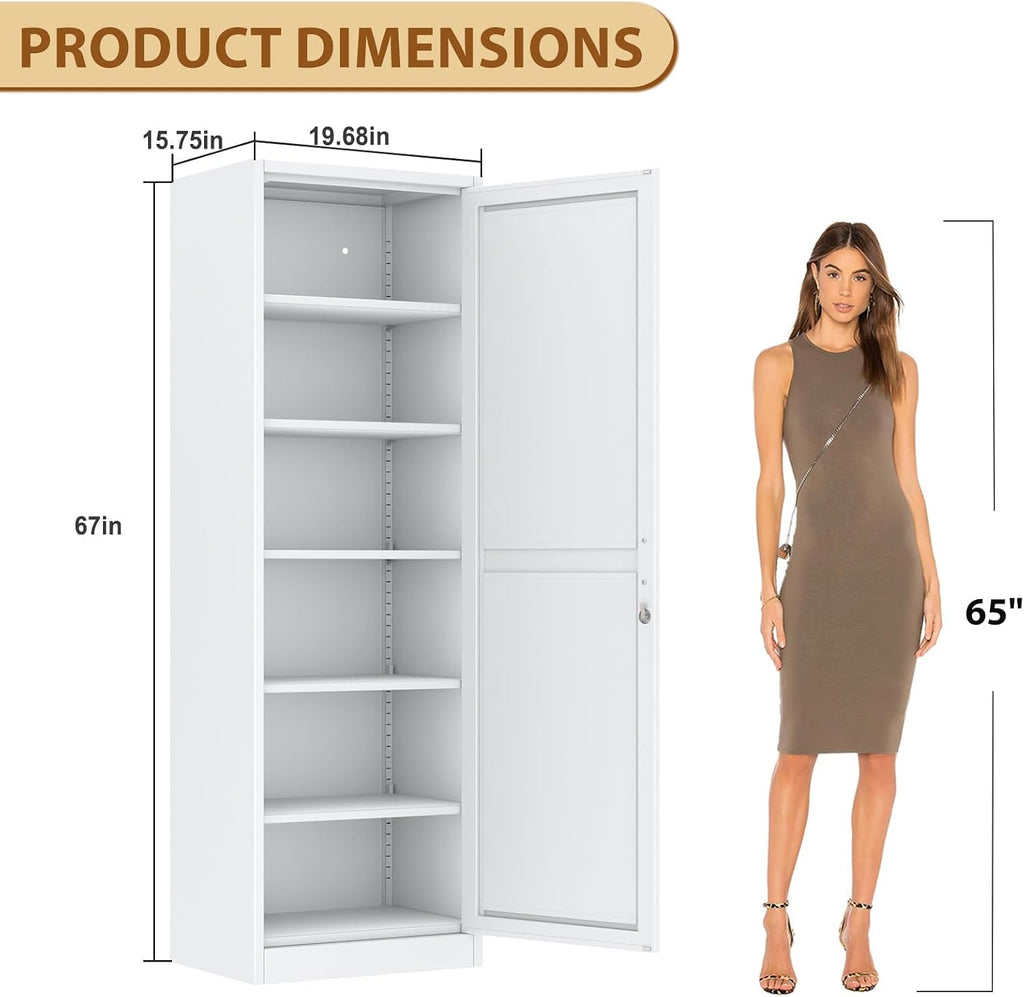 Tall Metal Narrow Bathroom Storage Locker Cabinet 67" H, White Kitchen Pantry Cabinets,File Cabinet Organizer with 5 Adjustable Shelves and Lockable