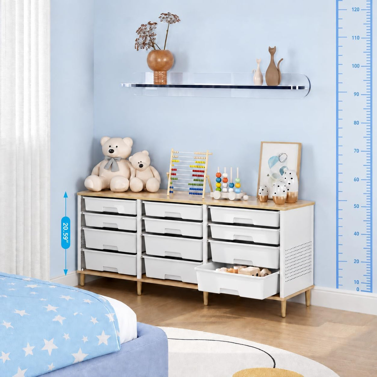 TOOLF 12 Drawers Storage Cabinet with Wooden Top and Plastic Bins, White