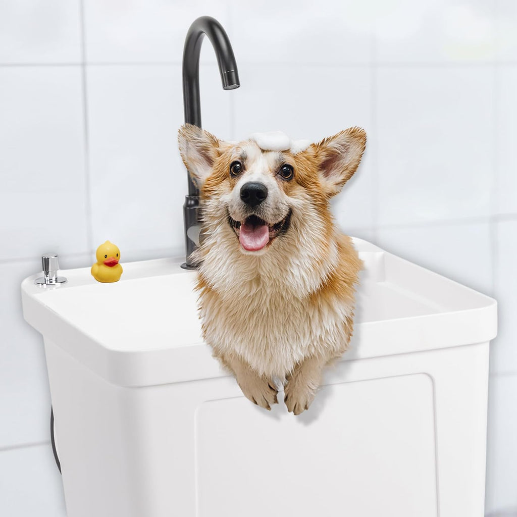 VINGLI 13-Gallon Utility Sink Laundry Tub for Washing Room, Freestanding Utility Sink with Stainless Steel Faucet, (White, 19.7"W x 18.9"D x 33"H)