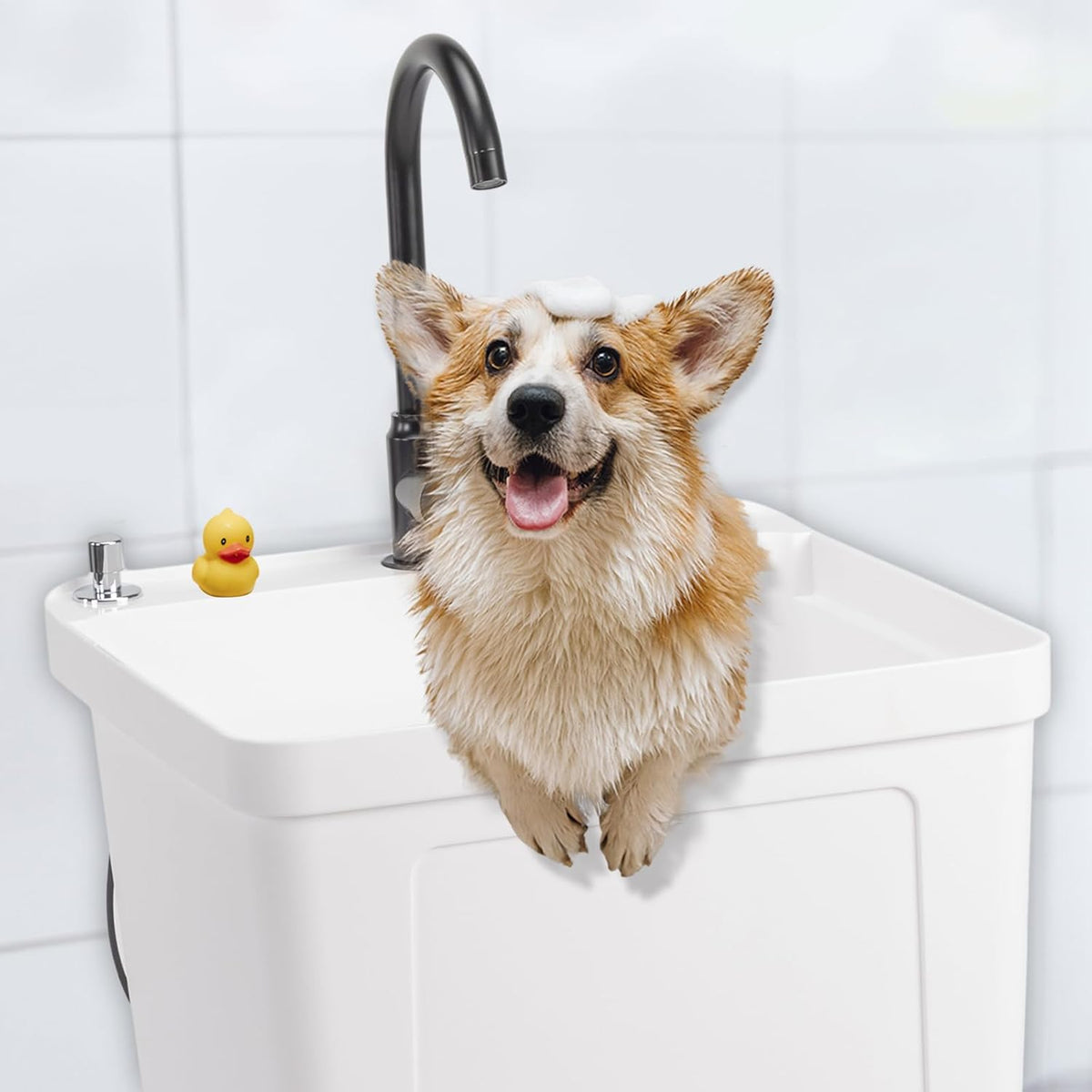 VINGLI 13-Gallon Utility Sink Laundry Tub for Washing Room, Freestanding Utility Sink with Stainless Steel Faucet, (White, 19.7"W x 18.9"D x 33"H)