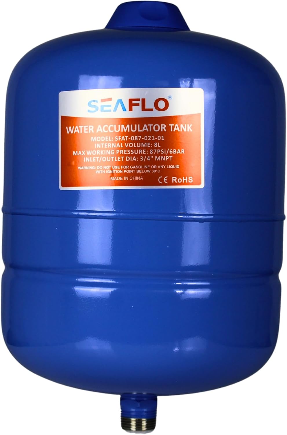 SEAFLO 2 Gallon Pre-Pressurized Accumulator Expansion Tank – Reduces Pump Cycling, Smooth Water Flow, 87 PSI, 3/4" MNPT, Compact Design for RV