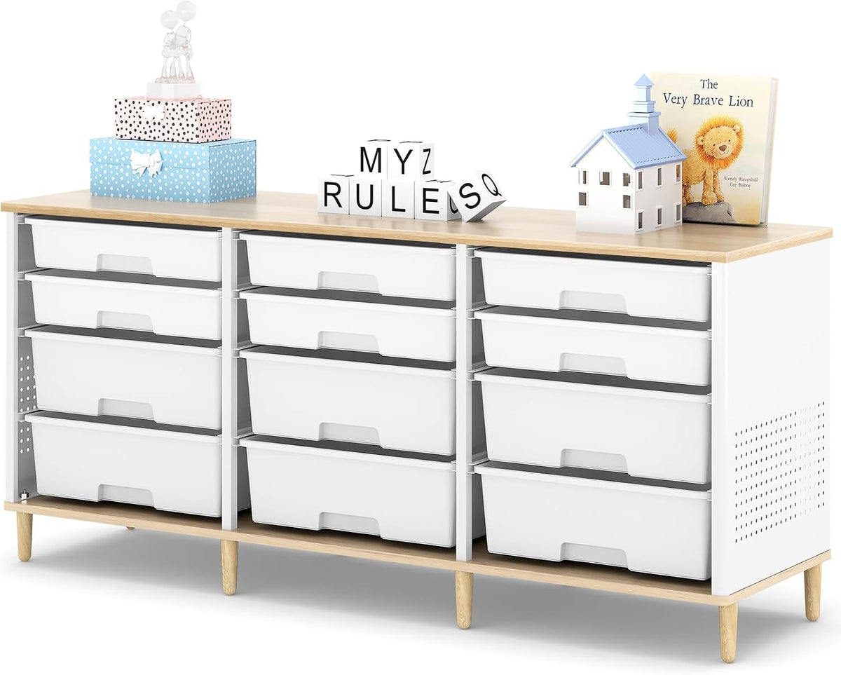 TOOLF 12 Drawers Storage Cabinet with Wooden Top and Plastic Bins, White