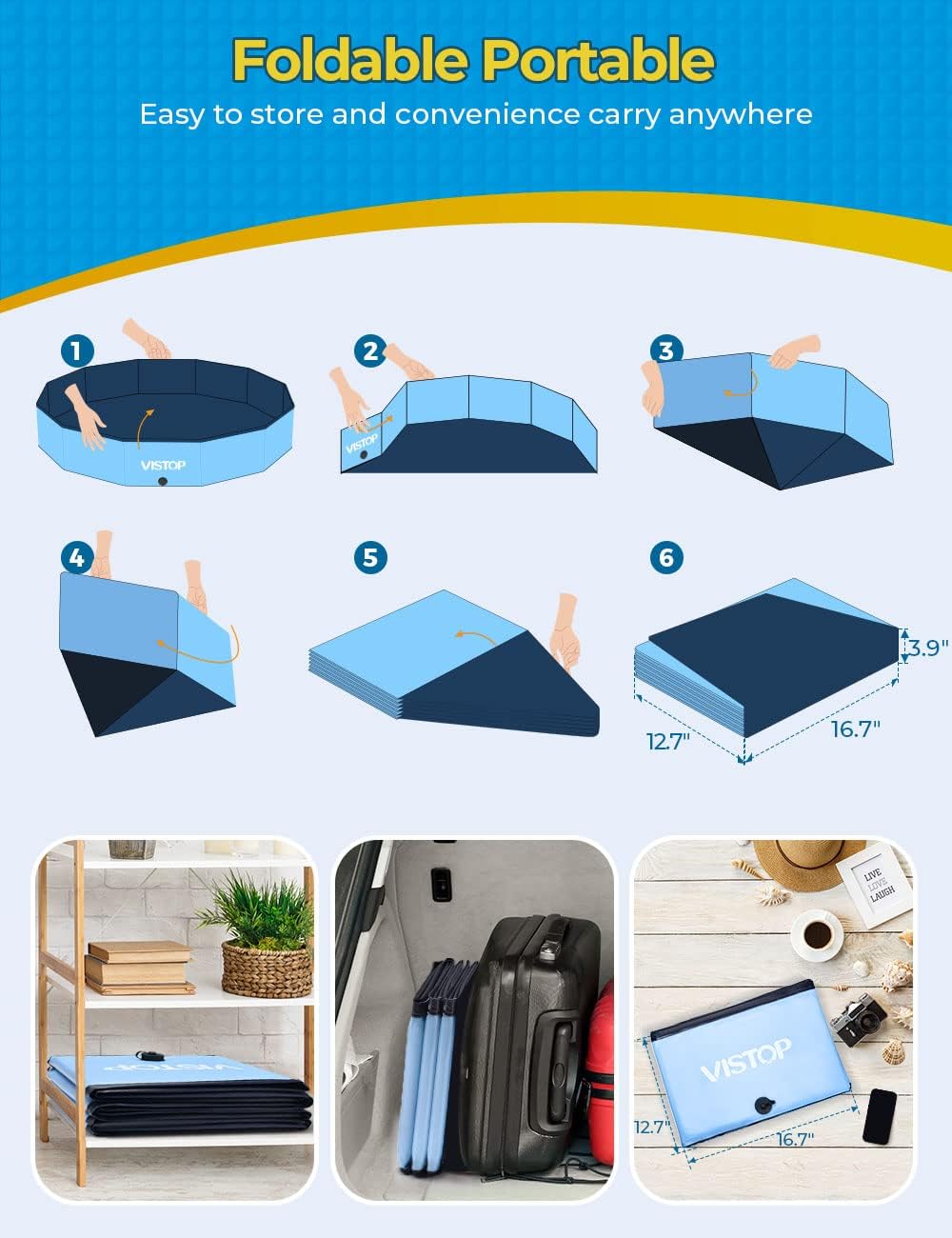 VISTOP Extra Large Foldable Dog Pool XXL, Hard Plastic Shell Portable Swimming Pool for Dogs Cats and Kids Pet Puppy Bathing Tub Collapsible Kiddie