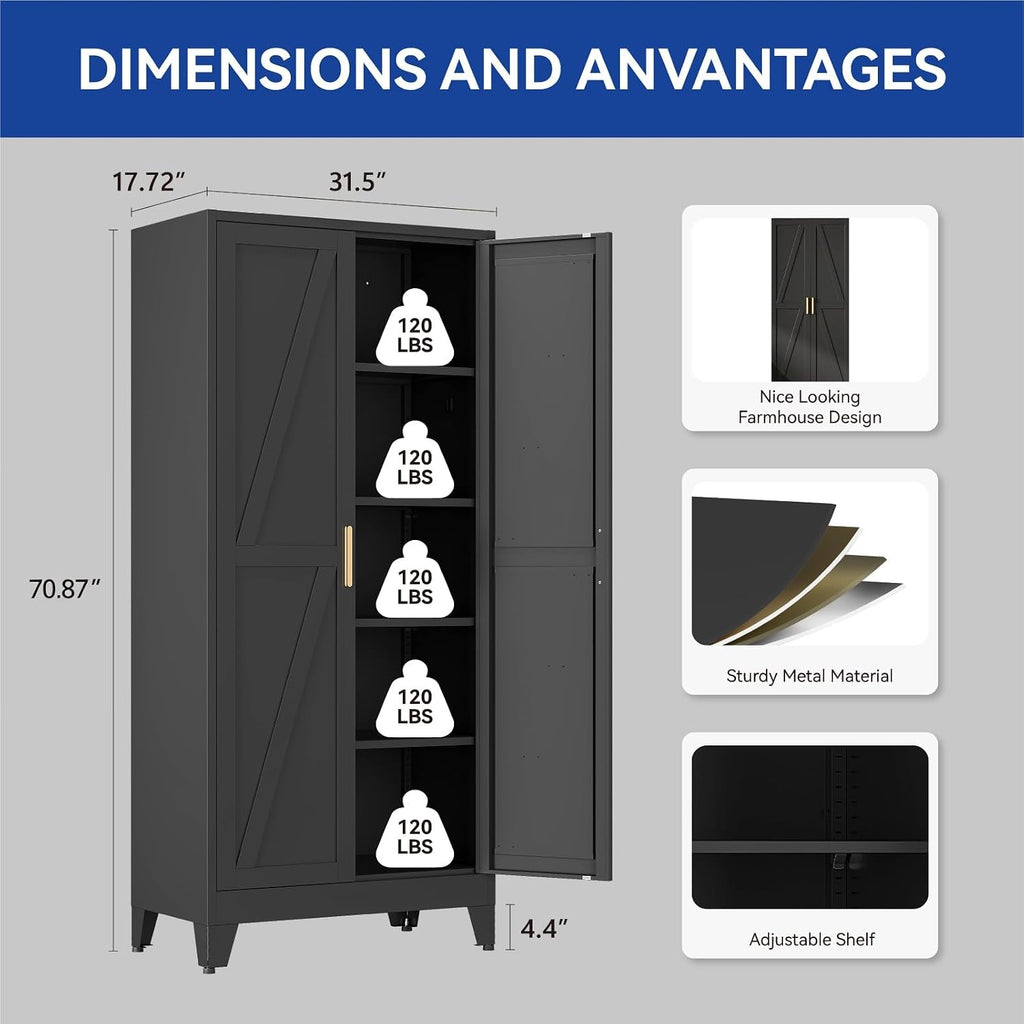 COFaR Wardrobe Closet with Doors, Metal Bedroom Armoire with Adjustable Hanging Rod and Shelves, Farmhouse Broom Closet Storage Cabinet for Garage