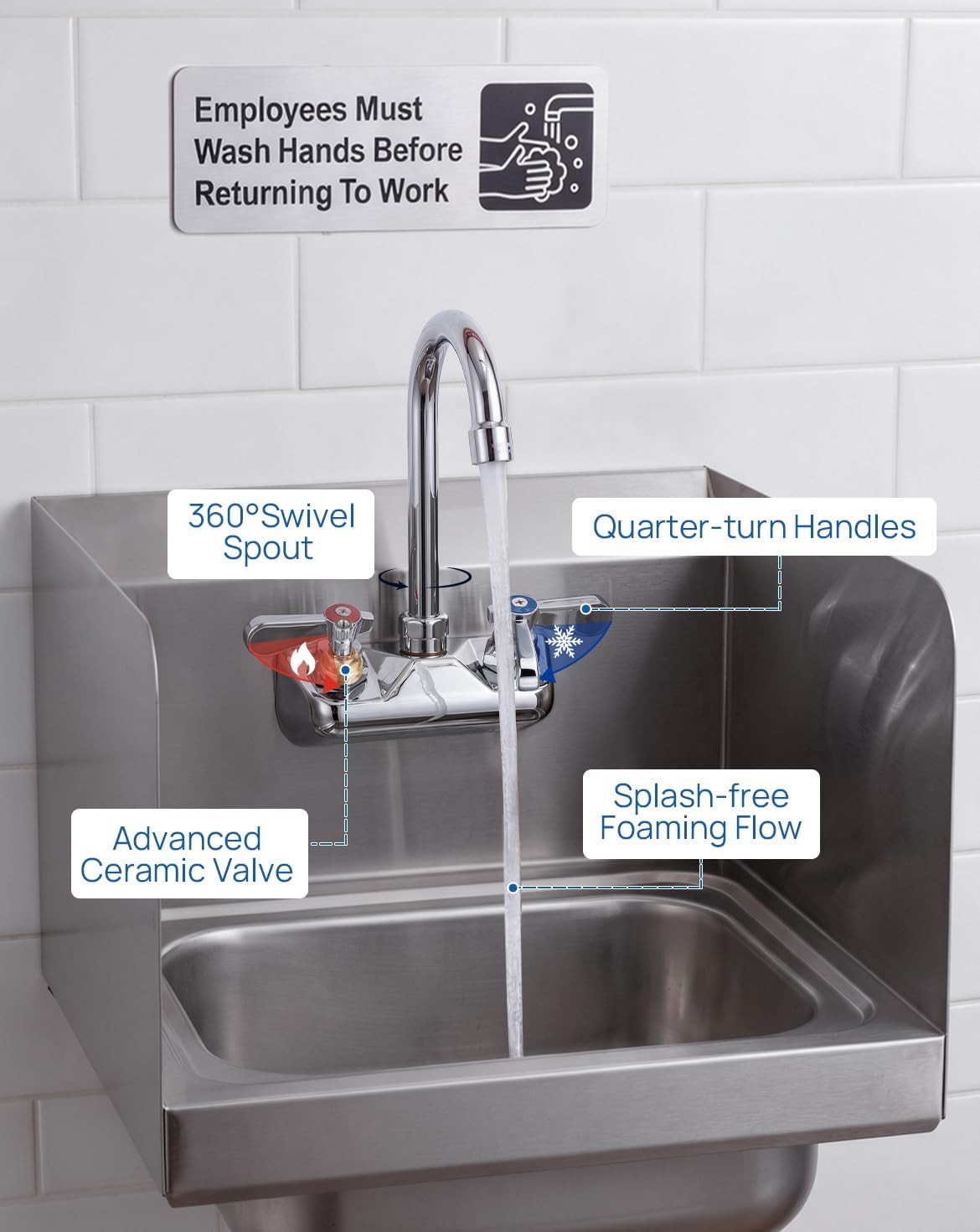 Commercial Hand Sink Faucet 4" Center Wall Mount, 3-1/2" Gooseneck