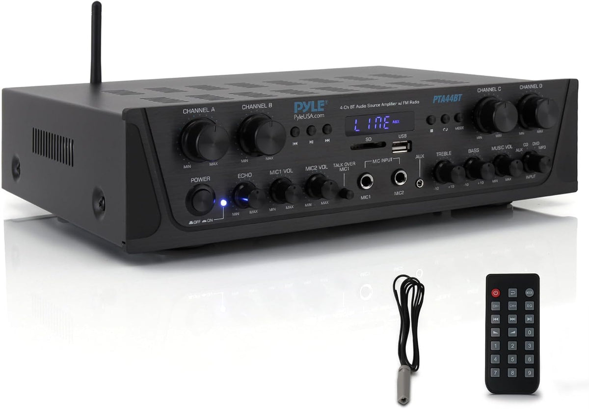 Pyle 4-Channel Audio Amplifier with Bluetooth - Home Stereo Receiver w/ 500W Max Power - Commercial or Karaoke - Dual Mic Input with Echo, Vol, Talk