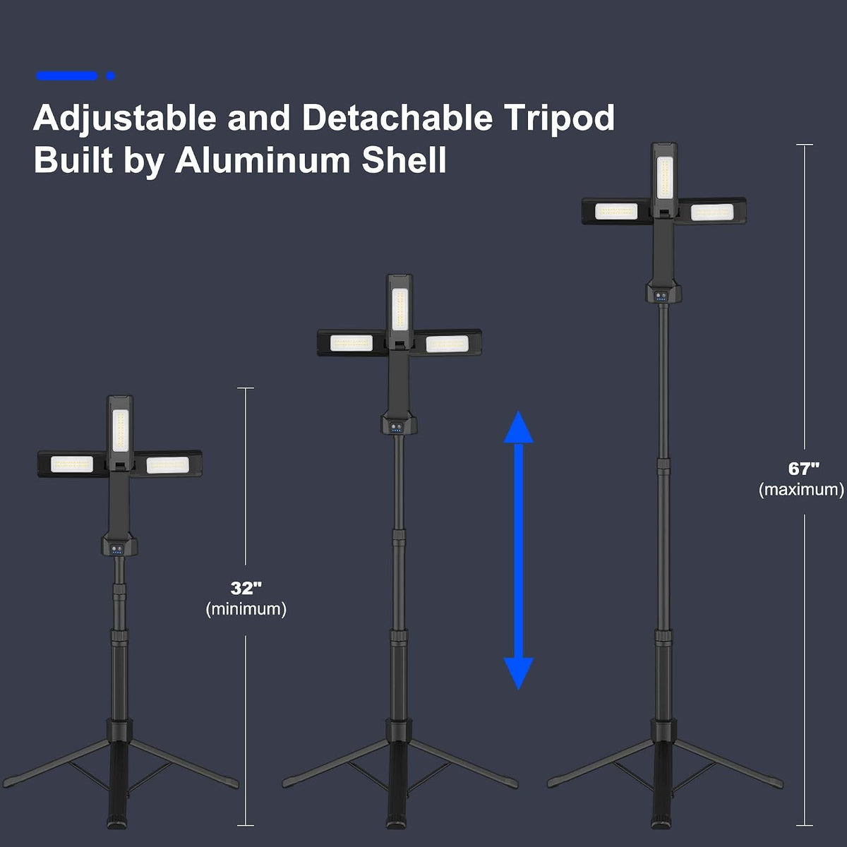 Rechargeable LED Work Light with Stand, Aluminum 67" Portable Cordless Work Light, 8AH Battery, 500/1500/2500 Lumen, 4000/6500K Dimmable Camping