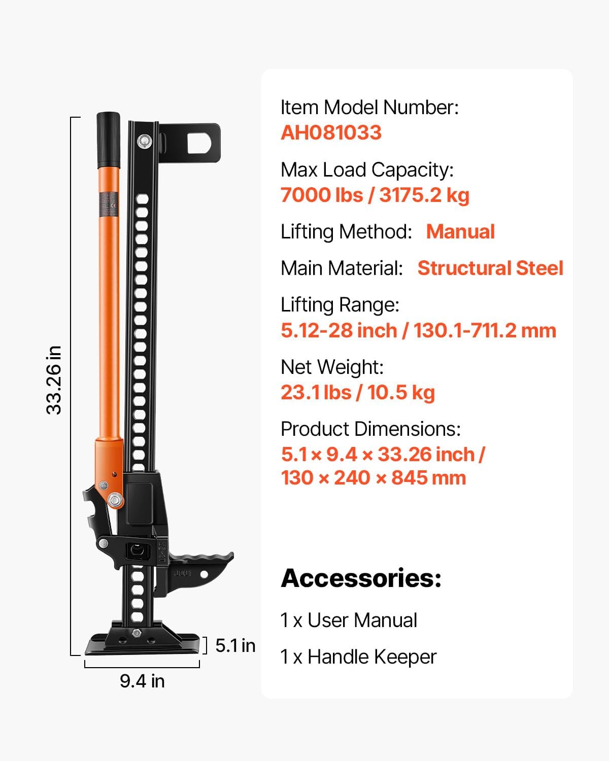 VEVOR Farm Jack, 33" Utility High Lift Farm Jack, 3.18 Ton (7,000 lbs) Capacity Ratcheting Off Road Utility Jacks, Heavy-Duty Lift Jacks with 5.12"