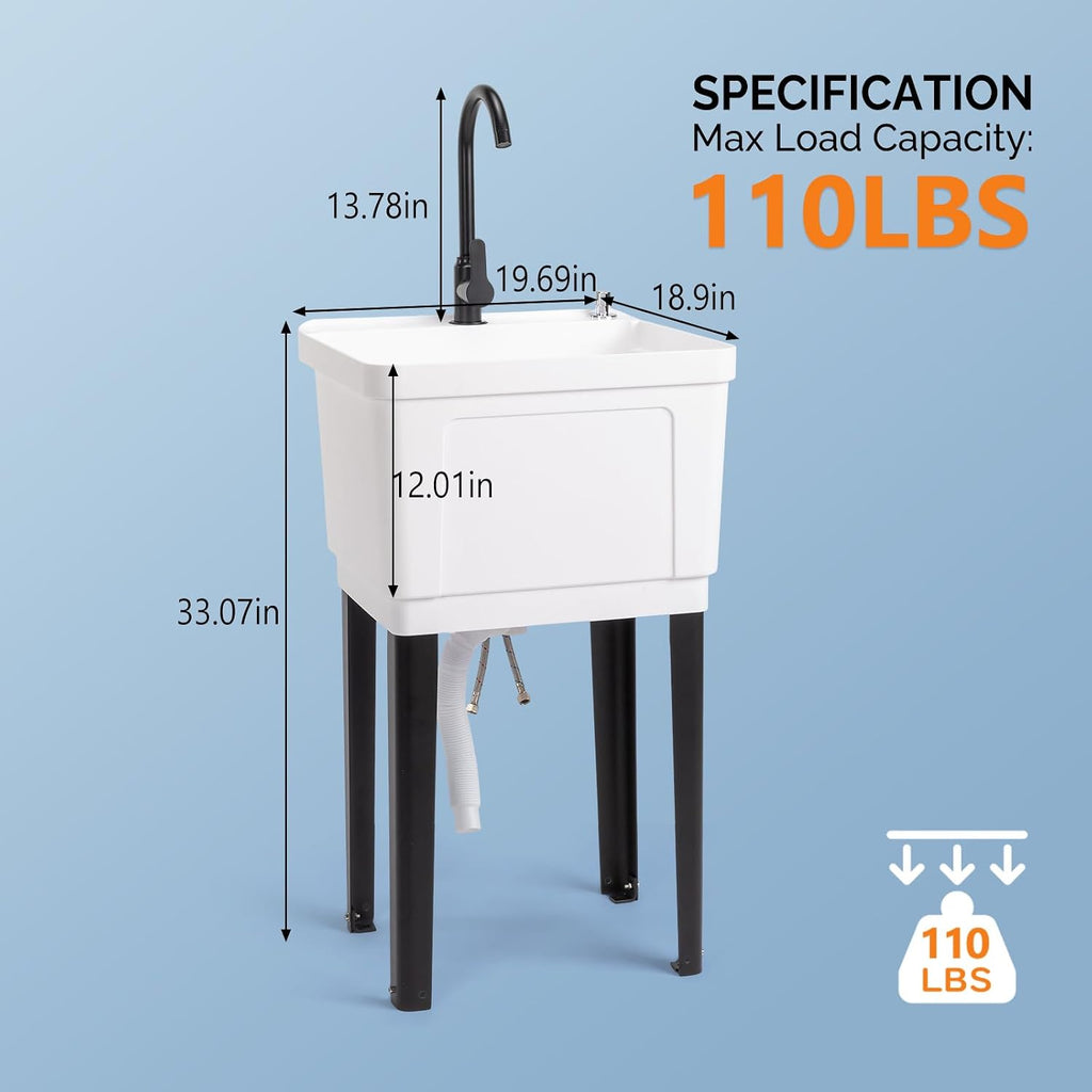 VINGLI 13-Gallon Utility Sink Laundry Tub for Washing Room, Freestanding Utility Sink with Stainless Steel Faucet, (White, 19.7"W x 18.9"D x 33"H)