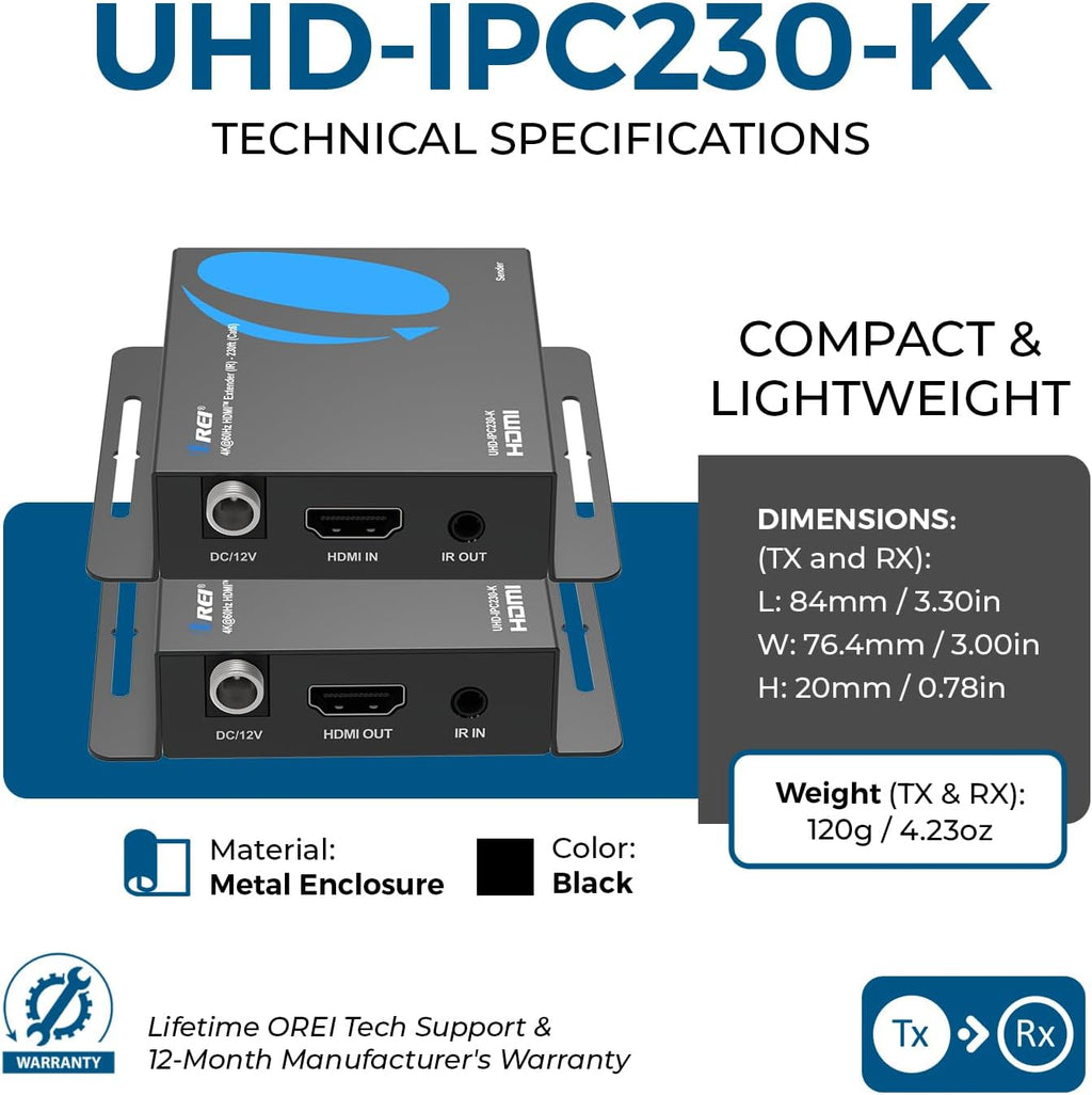 OREI HDMI Over Ethernet Extender via CAT6 4K, 230ft POC, 1-Way IR, HDR HLG