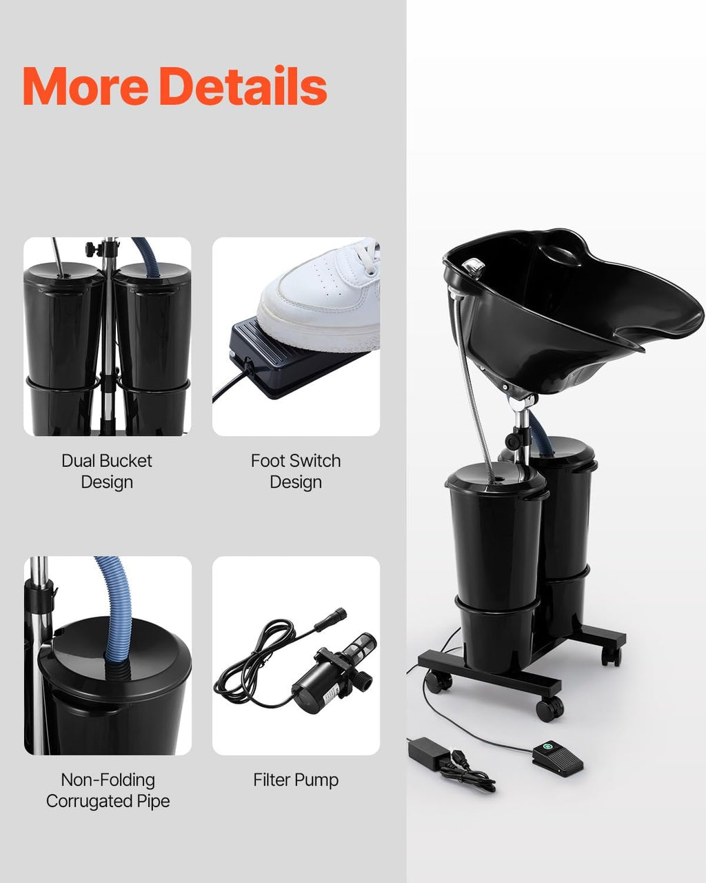VEVOR Portable Shampoo Bowl, Shampoo Sink for Washing Hair with Electric Pump, Includes 2 Buckets 2 Showerheads, Drain Hose, Height and Angle