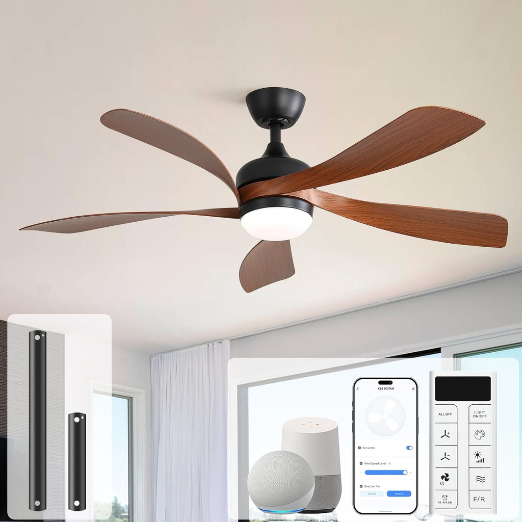 Sofucor 52 Inch Smart Modern Ceiling Fan with Light Indoor/Outdoor Brown | Alexa/Google Assistant/APP/Remote Control, Reversible DC Motor, Timer, 6
