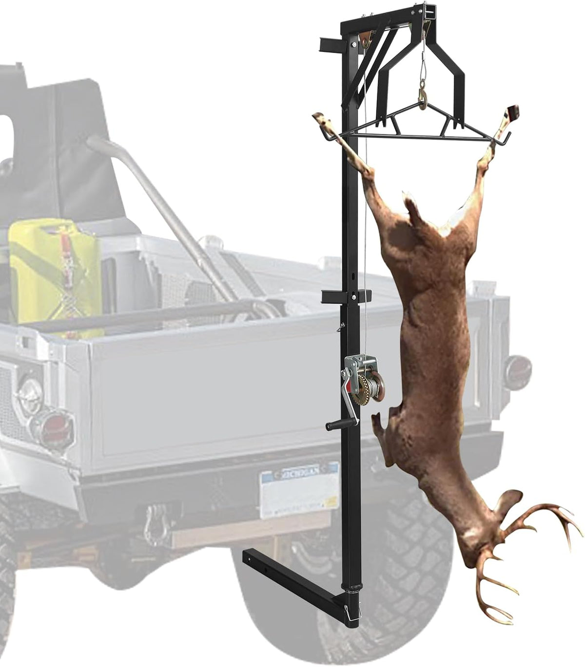 2" Hitch Mounted Deer Hanger, 600LBS Capacity, with 2 Size Gambrels and Winch, Hunting Game Hoist Truck Hitch 360 Degrees Swivel Mounted