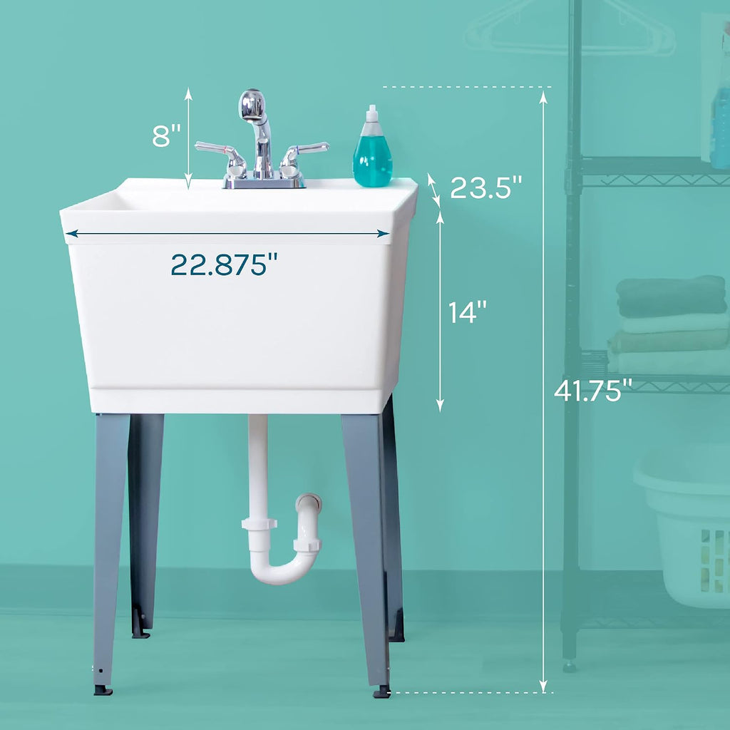 White Utility Sink Laundry Tub With Pull Out Chrome Faucet, Sprayer Spout, Heavy Duty Slop Sinks For Washing Room, Basement, Garage or Shop, Large