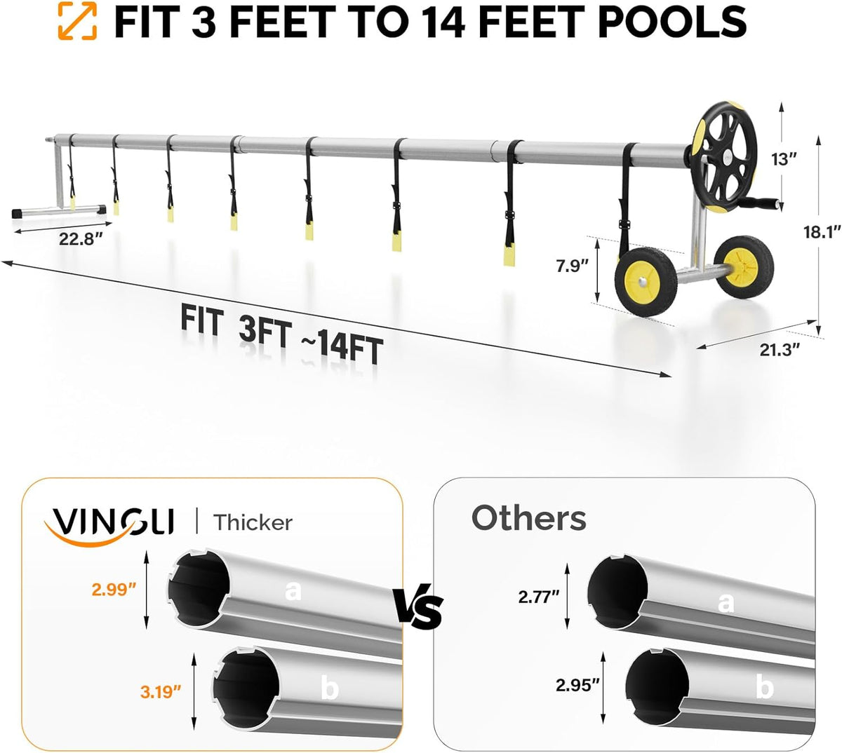 VINGLI 14FT Pool Cover Reel, Solar Cover Reel for Inground Swimming Pool