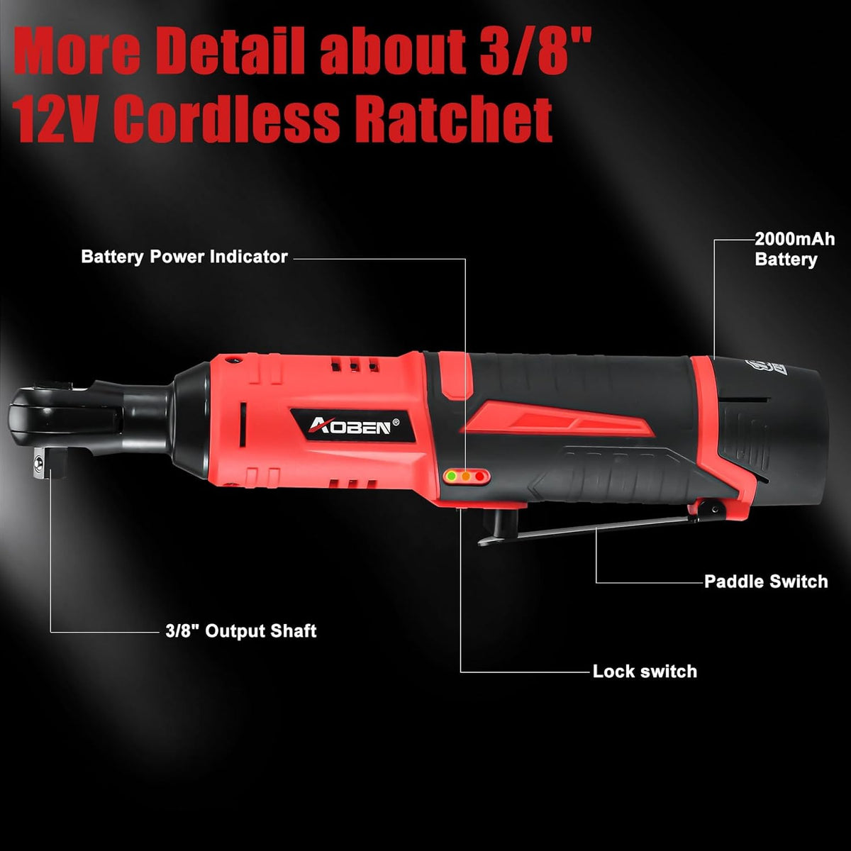 AOBEN Cordless Ratchet Wrench Kit,3/8" ratchet,40 Ft-lbs Electric Power Ratchet Set with Variable Speed Trigger,2 Packs 2000mAh Lithium-Ion Battery