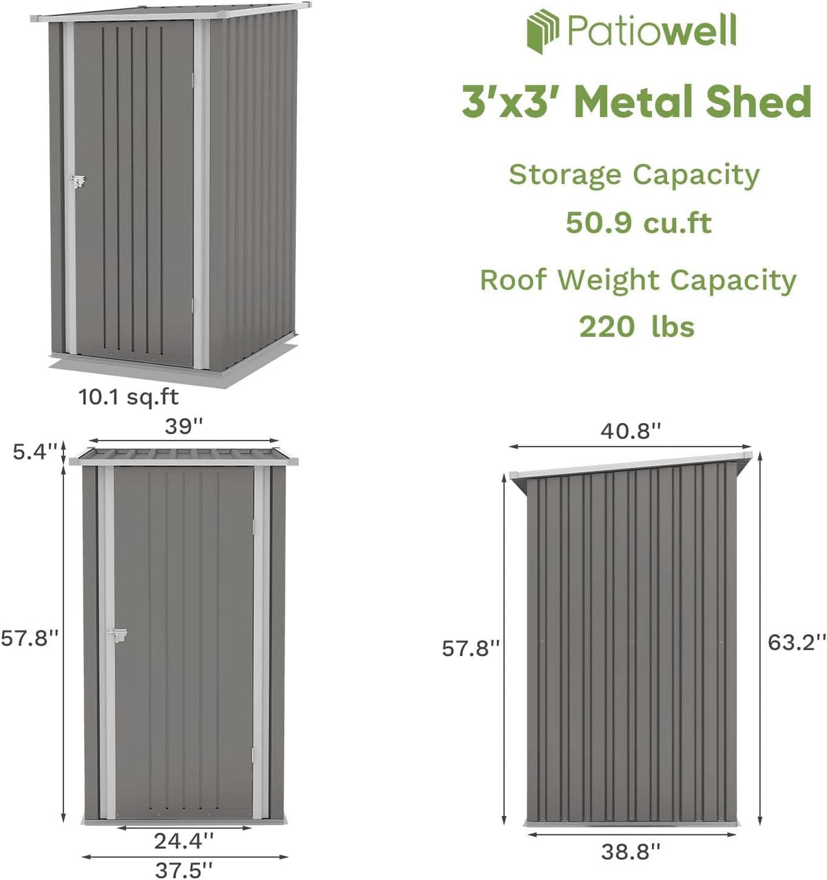 Patiowell 3x3 FT Outdoor Storage Shed, Metal Sheds, Grey