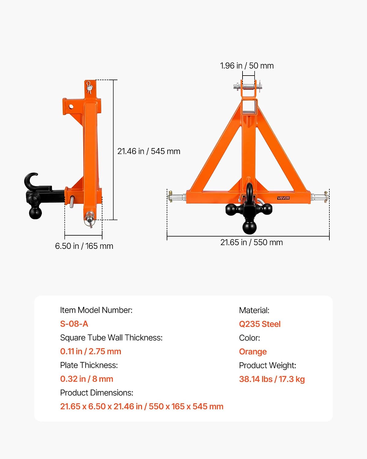VEVOR 3 Point Trailer Hitch with 2" Receiver, 3 Pt Quick Hitch with 3 Trailer Balls, Tractor Tow Drawbar Adapter for Category 1, Kubota, Mahindra