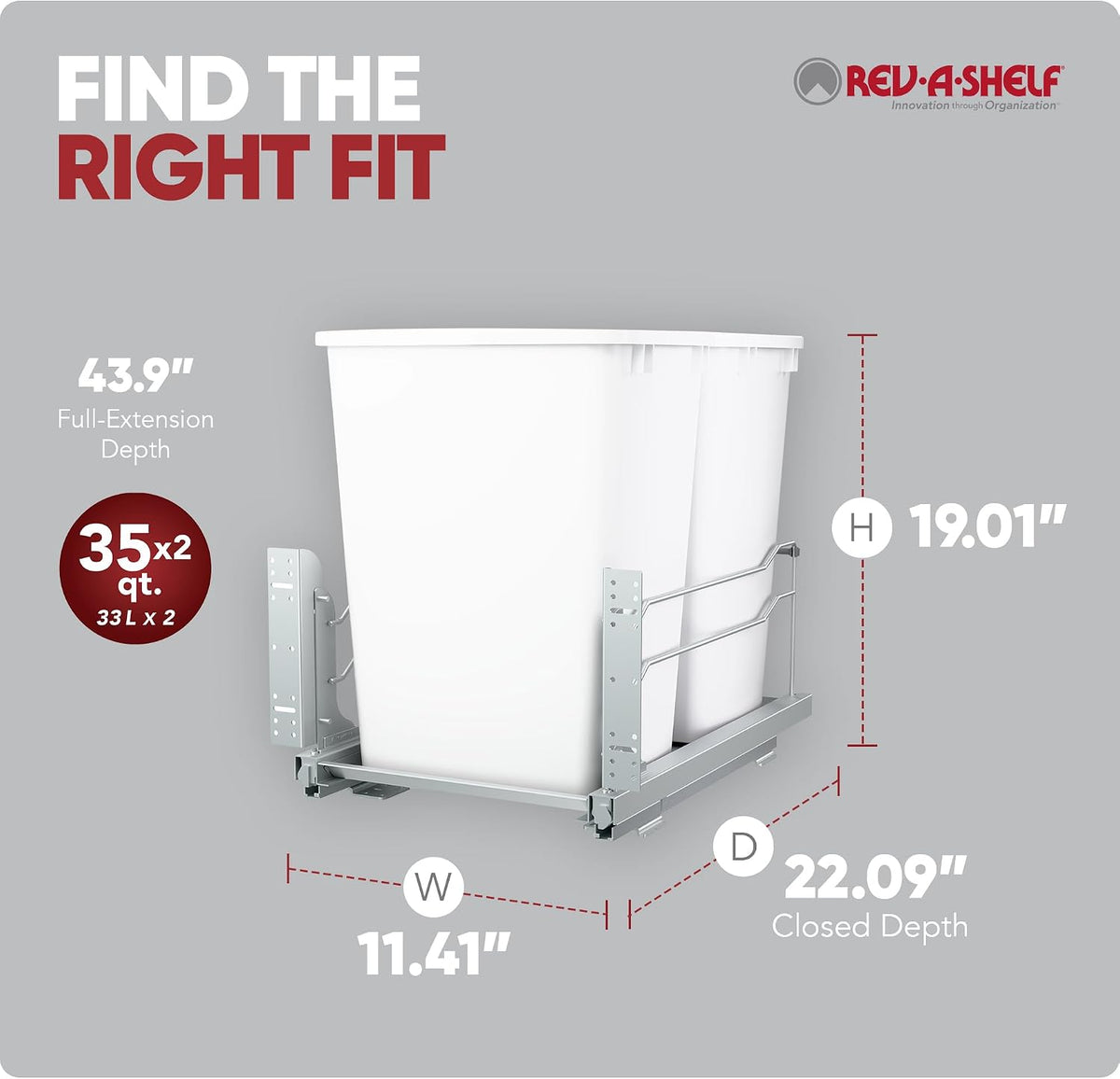 Rev-A-Shelf Double Pullout Trash Can w/Soft-Close Slides, 14.5" Min Opening