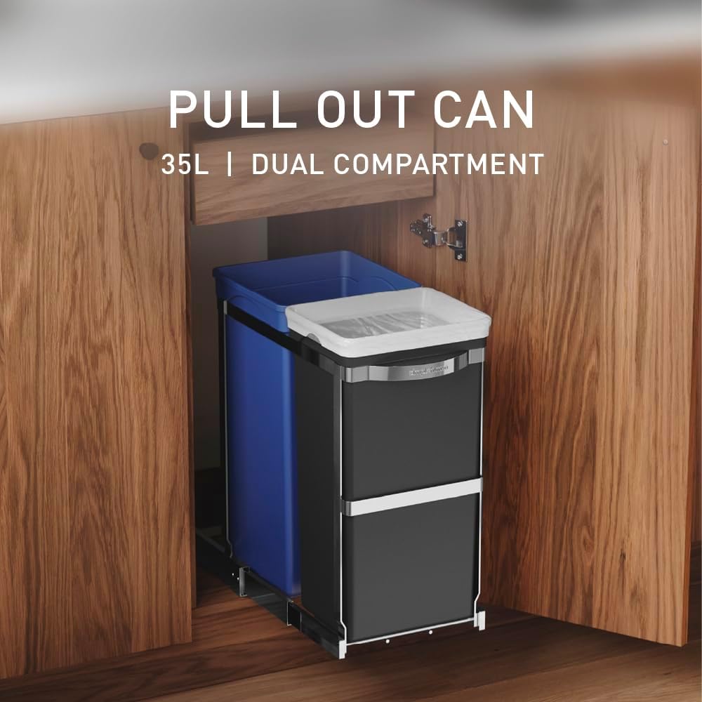 simplehuman 35 Liter / 9.3 Gallon Dual Compartment Under Counter Kitchen Cabinet Pull-Out Recycling Bin and Trash Can, Chrome