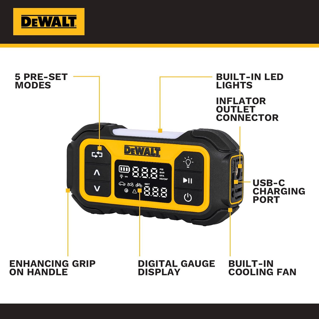 DEWALT Tire Inflator, Portable Air Compressor with Digital Display Pressure Gauge & Auto Shut Off, 150 PSI 12V DC Corded & Battery Powered Air Pump