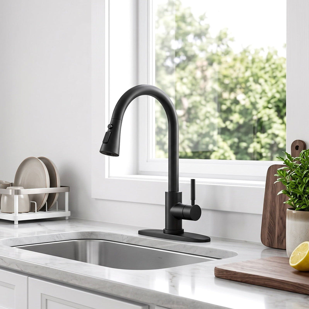 Matte Black Kitchen Faucet with Pull Down Sprayer, 4 Water Modes, 304 Stainless Steel, Single Handle High Arc Kitchen Sink Faucet for RV, Bar
