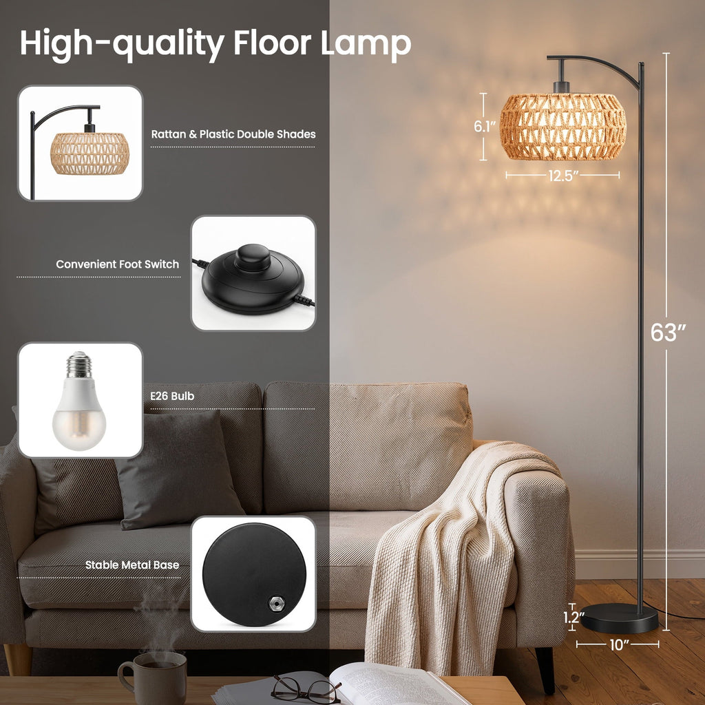 Arc Rattan Floor Lamp, 63 Inch Dimmable Standing Lamp, Black Frame With Rattan And Fabric Double Drum Shade, Boho Farmhouse Tall Decor Lamp For