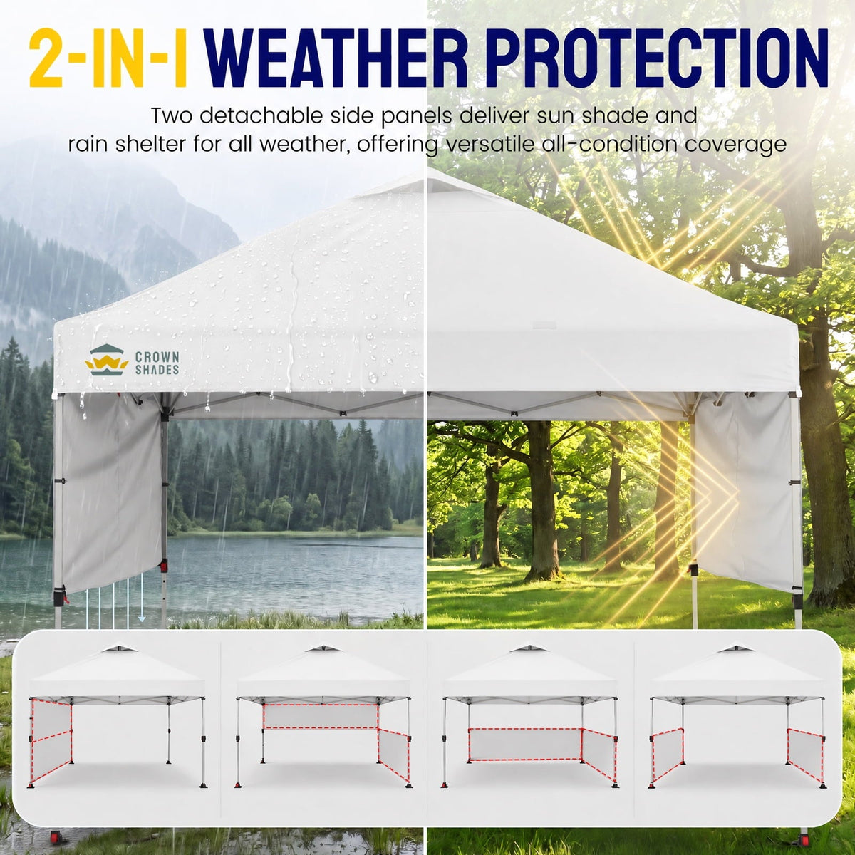 CROWN SHADES 10x10 Ez Pop Up Canopy Tent, Outdoor Sun Shade Shelter Canopy, One Push Setup with 2 Half Sidewalls, UPF50+, STO 'N Go Bag, White