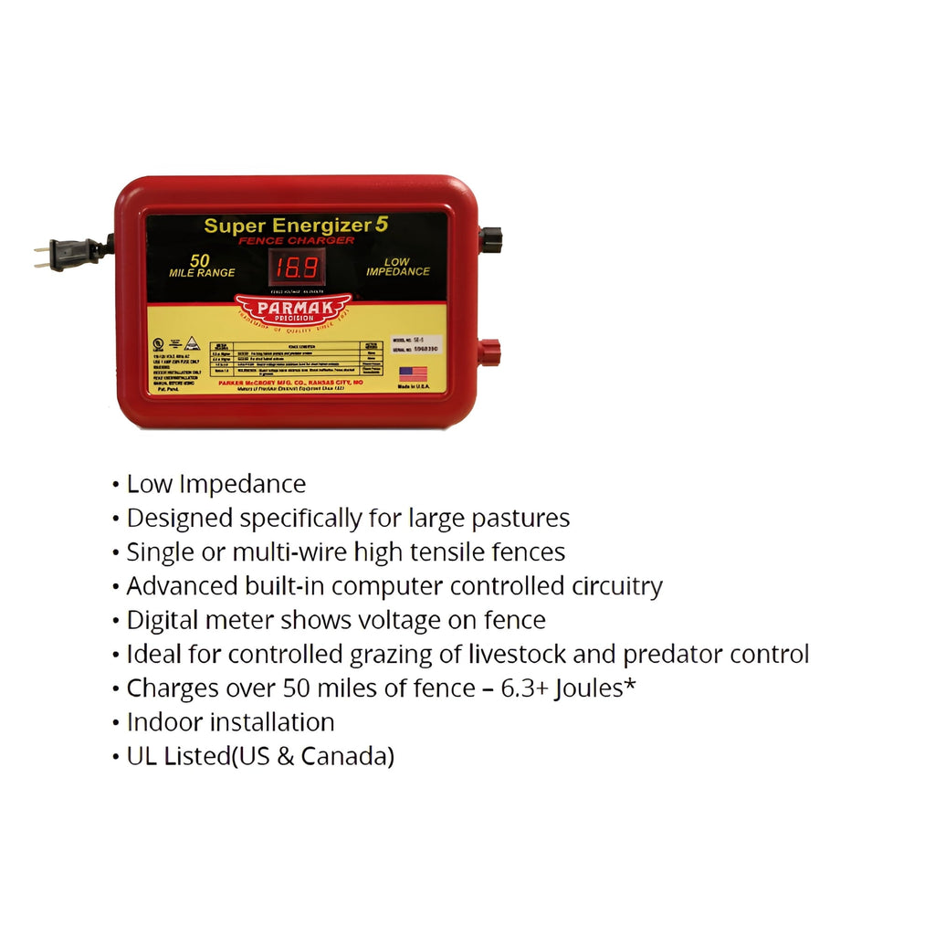 Parmak Super Energizer 5 Electric Fence Charger, 50-Mile Range, Red