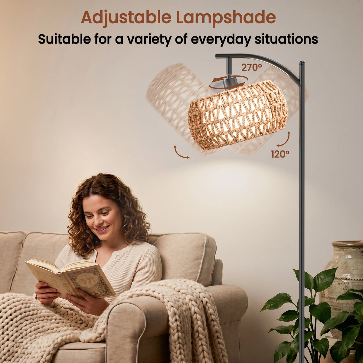 Arc Rattan Floor Lamp, 63 Inch Dimmable Standing Lamp, Black Frame With Rattan And Fabric Double Drum Shade, Boho Farmhouse Tall Decor Lamp For