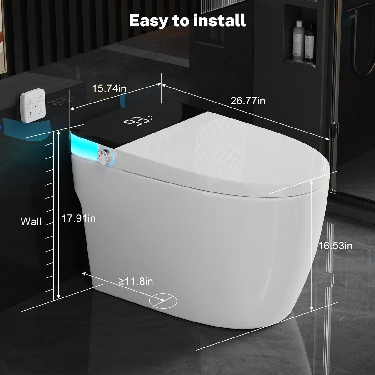 Smart Toilet with Heated Seat & Auto Flushing, Slow Close, Night Light, Remote Control, Water-Saving Siphon Dual Flush, Emergency Flush, UL Certified