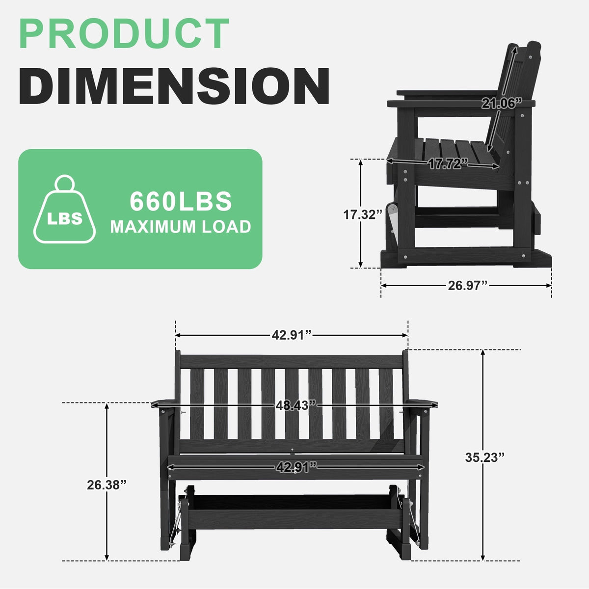 SERWALL Outdoor Glider Bench 2 Person, HDPE Material Weather-Resistant Rocking Chair Swings for Patio Porch Garden, Black