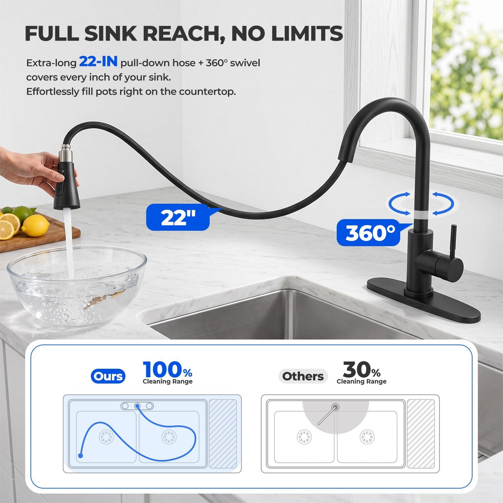 Matte Black Kitchen Faucet with Pull Down Sprayer, 4 Water Modes, 304 Stainless Steel, Single Handle High Arc Kitchen Sink Faucet for RV, Bar
