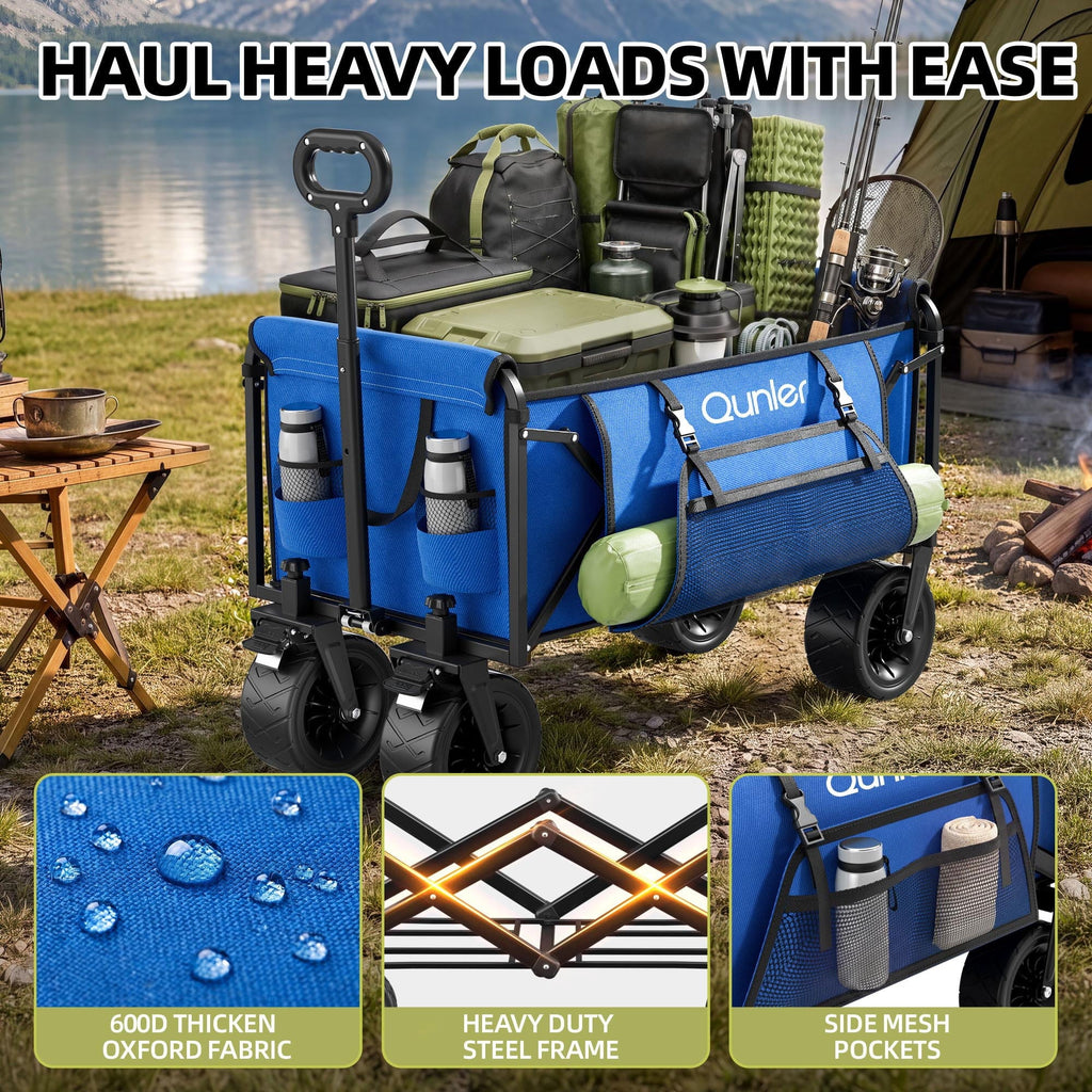 Qunler 560lbs Collapsible Folding Wagon, Heavy Duty Utility Beach Cart with 8" Wheels and Side Pocket, Large Capacity for Camping, Beach, Shopping