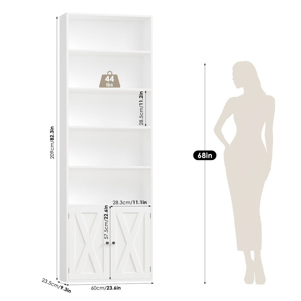 Hiphuta 82.3" Tall Bookcase with Doors, 5-Tier Bookshelves with Storage, 23.6"W Display Shelf with 2 Doors for Home Office, Living Room, White