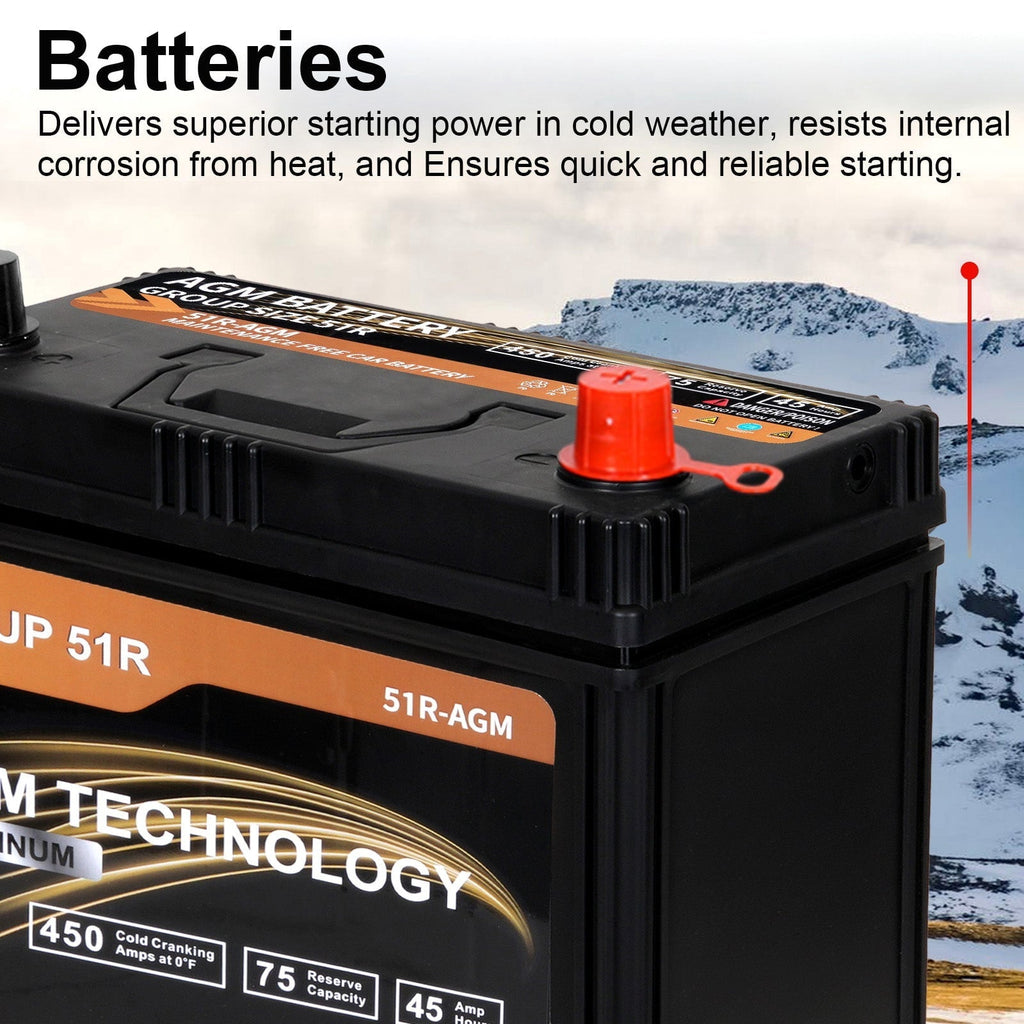 1AUTODEPOT Car AGM Battery Group Size 51R 12V 45Ah 450CCA 75RC Platinum Start Stop Automotive SLA Batteries Maintenance Free Rechargeable
