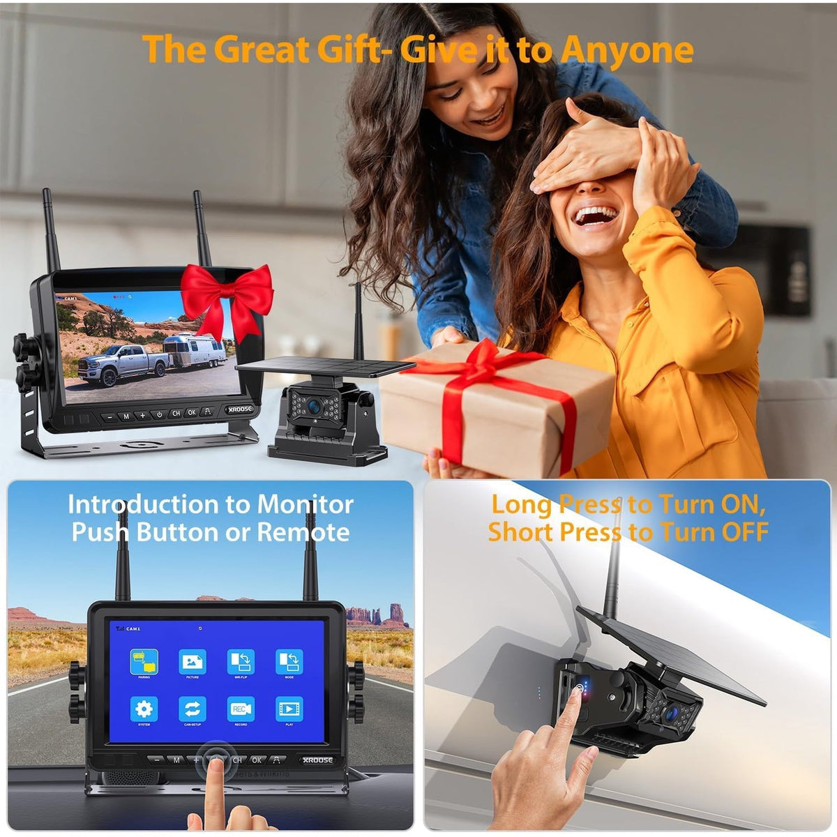 Xroose Magnetic Solar Wireless Backup Camera 7''HD 1080P Monitor No Drilling 2-Min Installation IR Night Vision Waterproof Rear View Camera