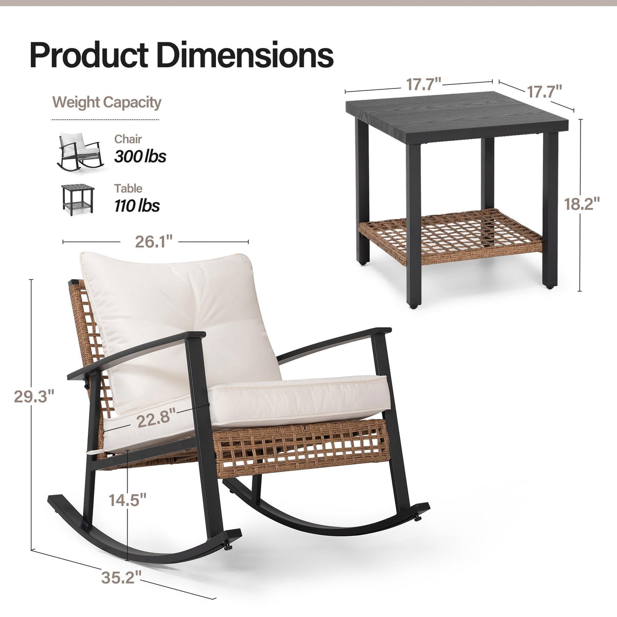 LAUSAINT HOME 3 Pieces Patio Outdoor Conversation Set with 2-Tier Coffee Table, PE Wicker Rocking Chairs with Beige Cushions
